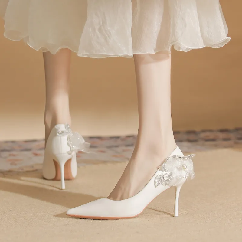 Varib Slim Heel High Heels 8cm Women's White-3