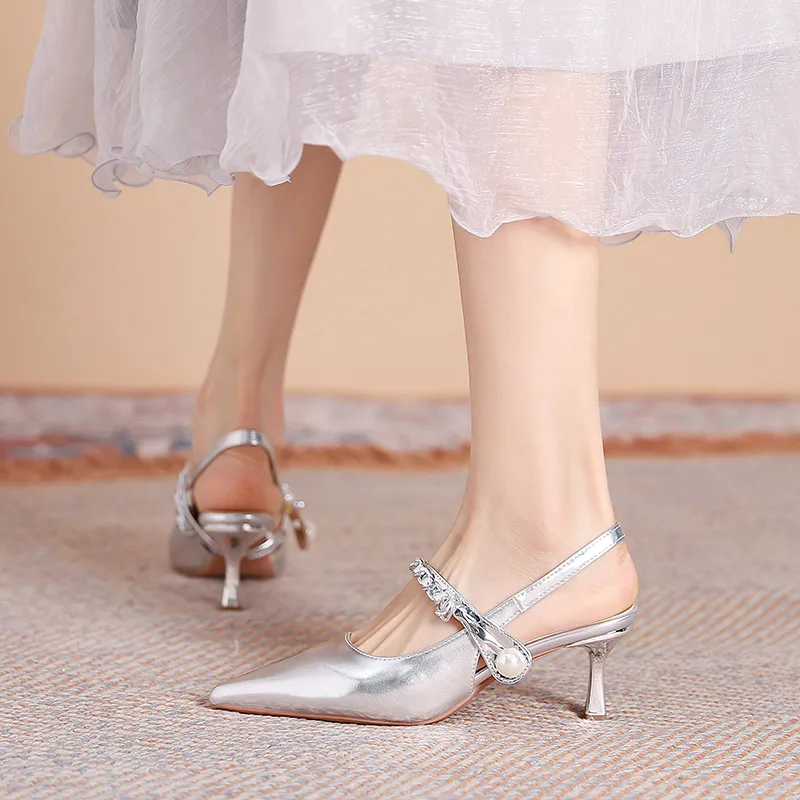 Varib Slim Heel High Heels 5CM Women's Silver-3