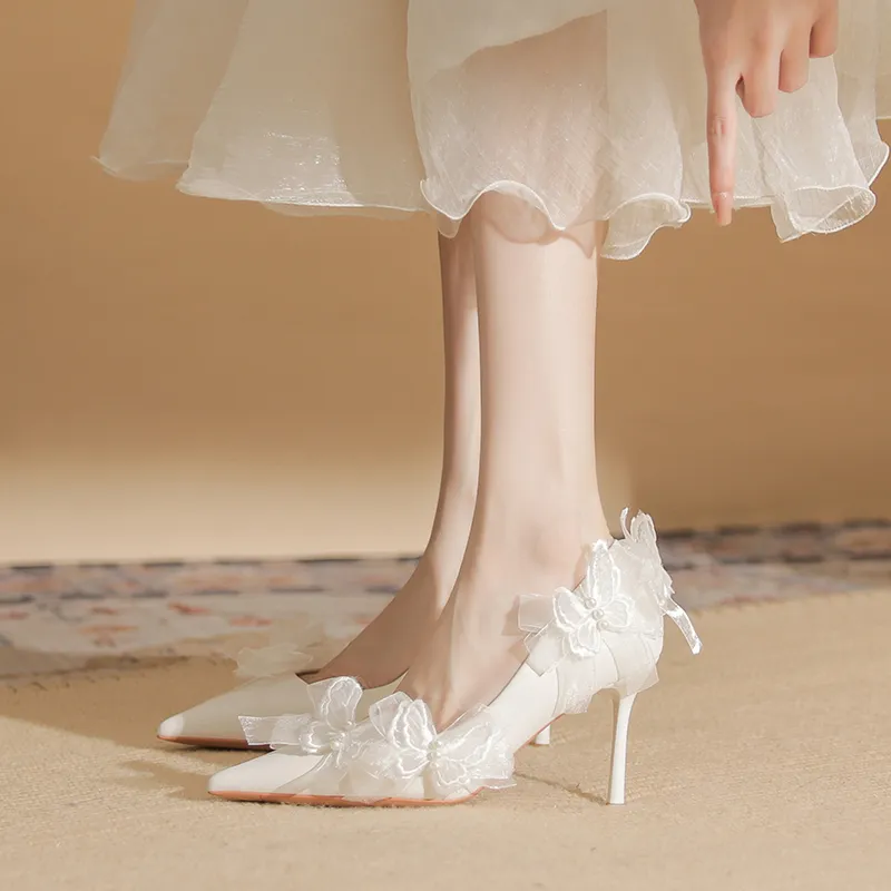Varib Slim Heel High Heels 8cm Women's White-4