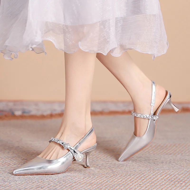Varib Slim Heel High Heels 5CM Women's Silver-2