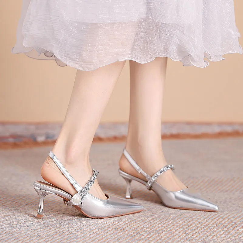Varib Slim Heel High Heels 5CM Women's Silver-4