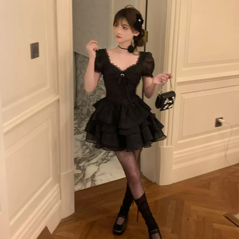 AINUOERMY Short Sleeved Dress Women's Black-3