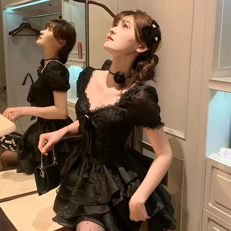 AINUOERMY Short Sleeved Dress Women's Black-8