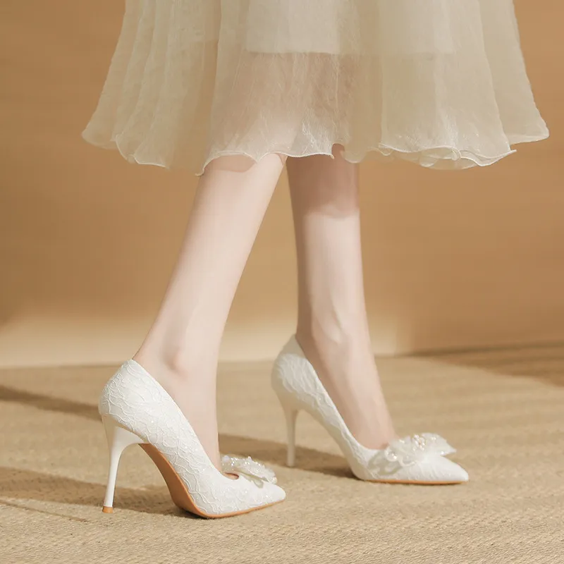 BIGTREE Slim Heel High Heels Women's White-3