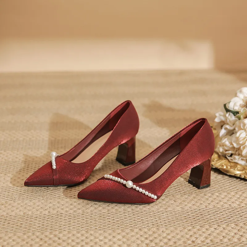 BIGTREE Chunky Heel High Heels Women's Red-1