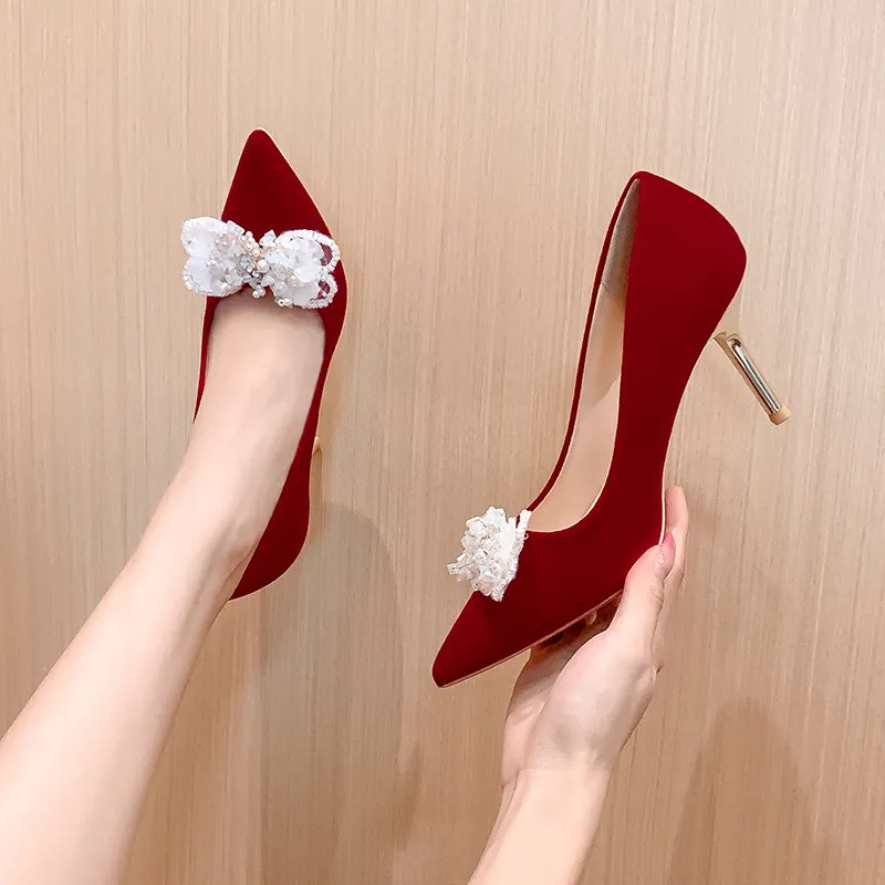 BIGTREE Slim Heel High Heels Women's Red-2