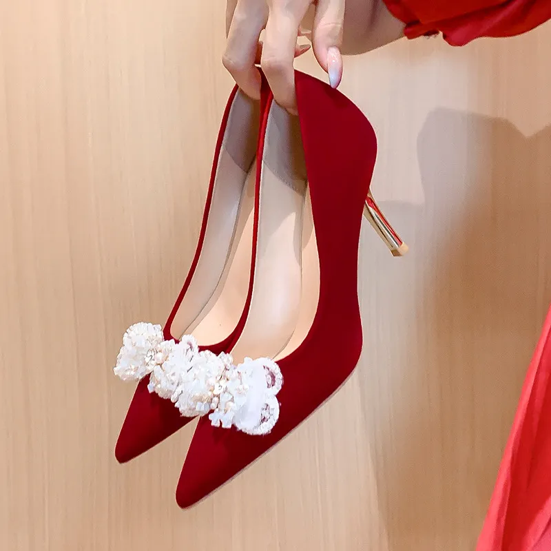 BIGTREE Slim Heel High Heels Women's Red-1