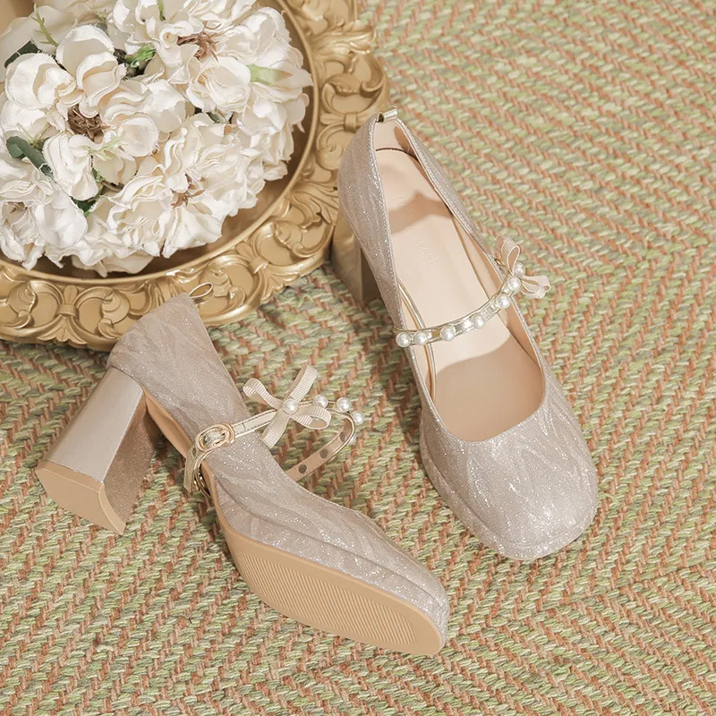 BIGTREE Chunky Heel High Heels Women's Champagne Gold-3