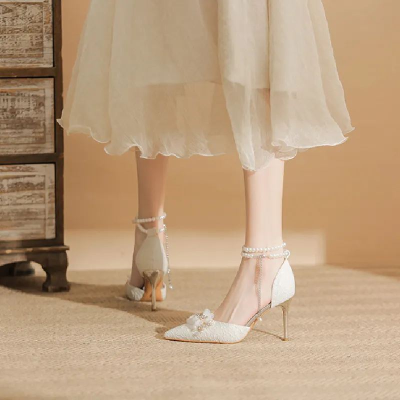BIGTREE Slim Heel High Heels Women's White-4