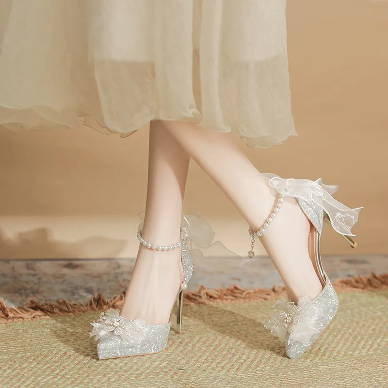 BIGTREE Slim Heel High Heels Women's Silver-2