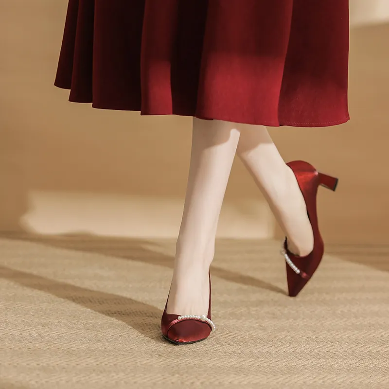BIGTREE Chunky Heel High Heels Women's Red-2