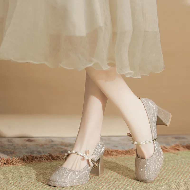 BIGTREE Chunky Heel High Heels Women's Champagne Gold-2