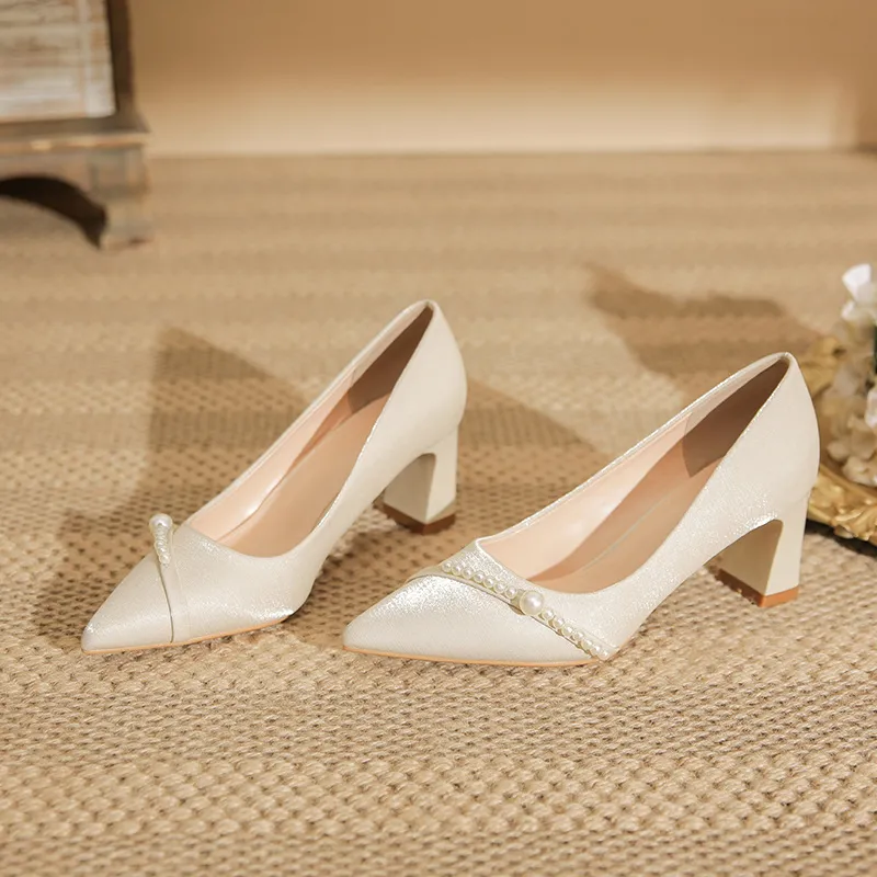 BIGTREE Chunky Heel High Heels Women's Apricot-1