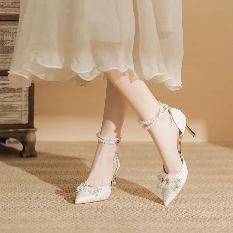 BIGTREE Slim Heel High Heels Women's White-2