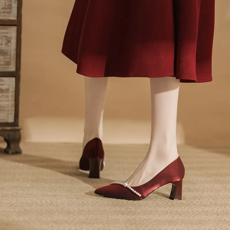 BIGTREE Chunky Heel High Heels Women's Red-5