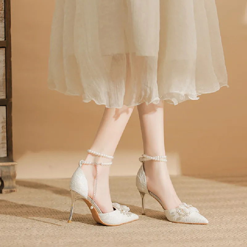 BIGTREE Slim Heel High Heels Women's White-6