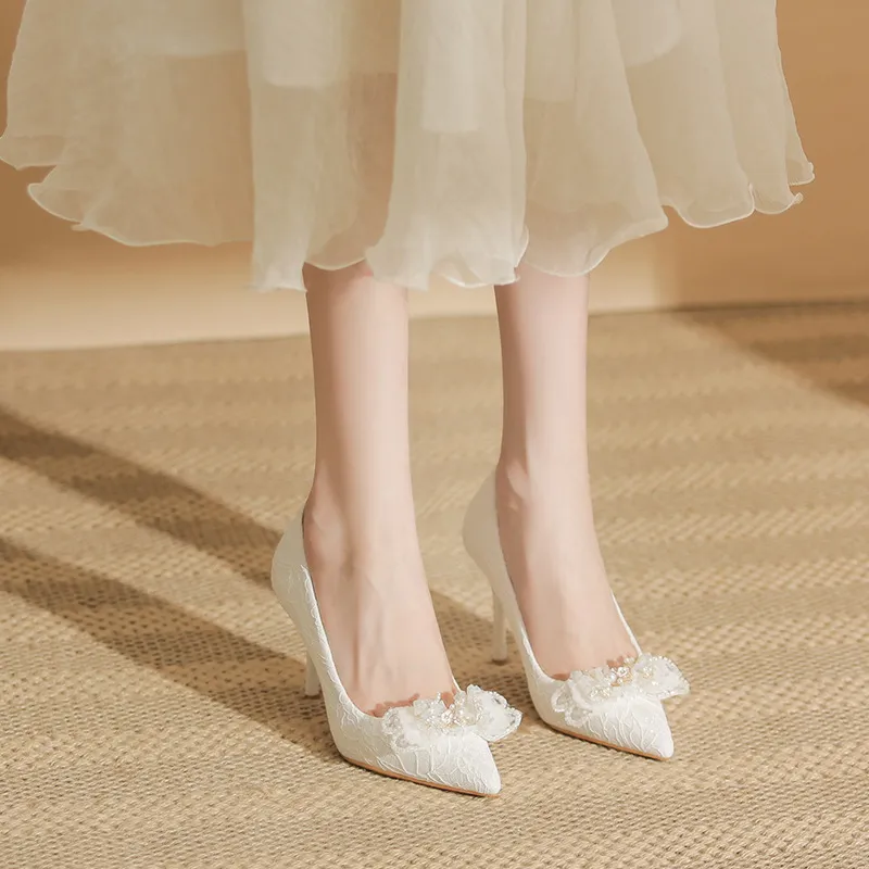 BIGTREE Slim Heel High Heels Women's White-2