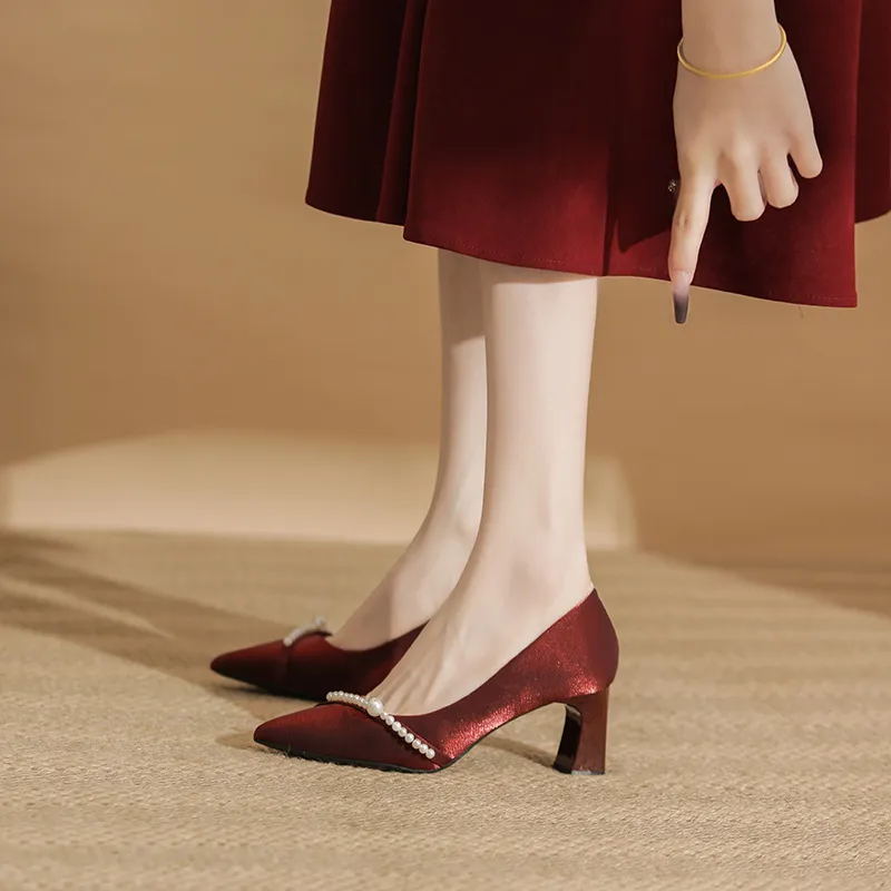 BIGTREE Chunky Heel High Heels Women's Red-3