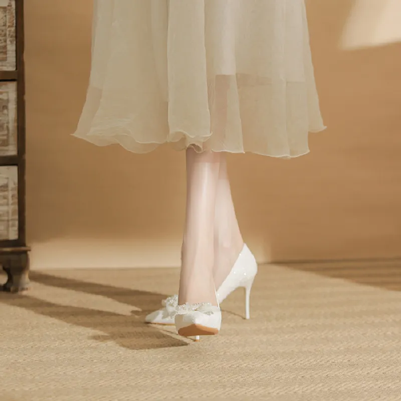 BIGTREE Slim Heel High Heels Women's White-5