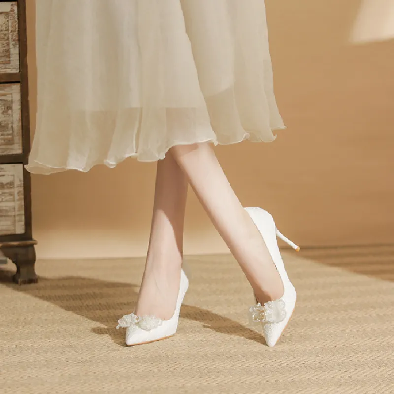 BIGTREE Slim Heel High Heels Women's White-6