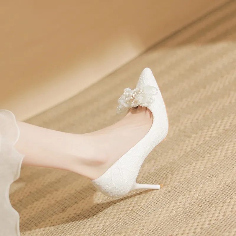 BIGTREE Slim Heel High Heels Women's White-4