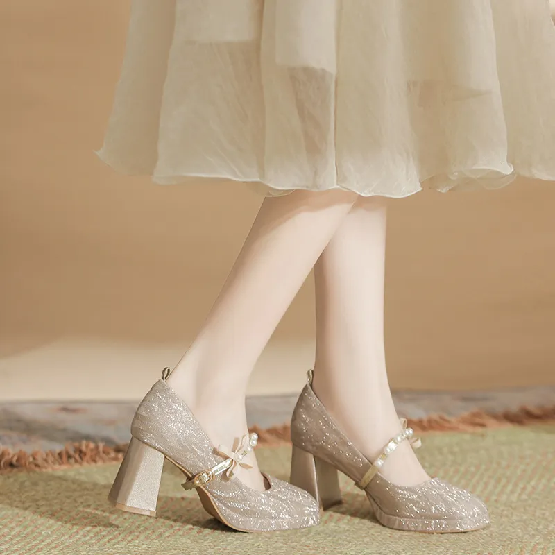 BIGTREE Chunky Heel High Heels Women's Champagne Gold-1