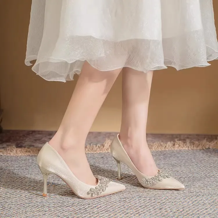 BIGTREE Slim Heel High Heels Women's Champagne-4