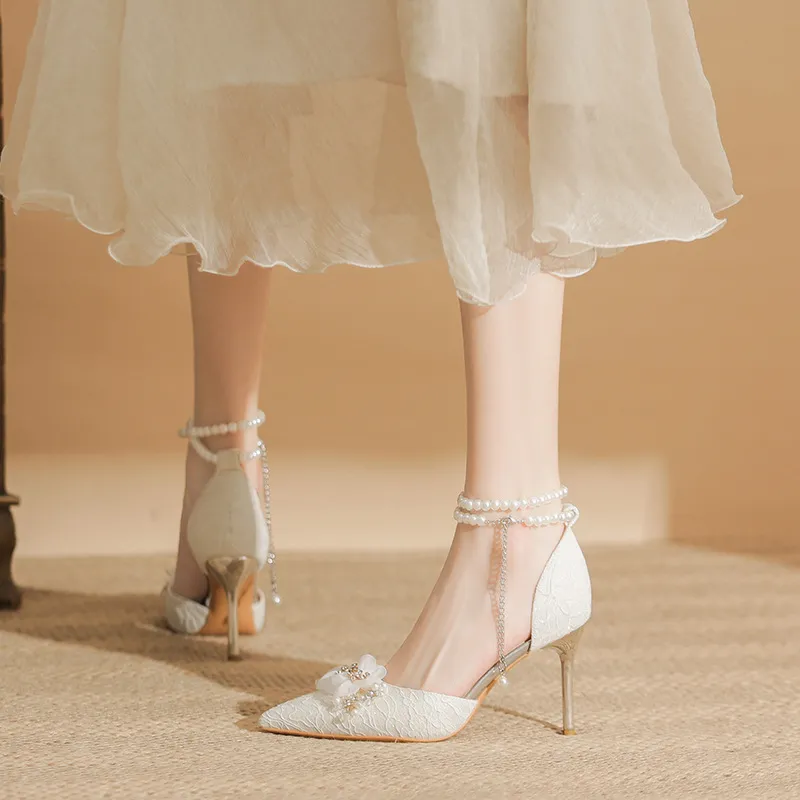 BIGTREE Slim Heel High Heels Women's White-1