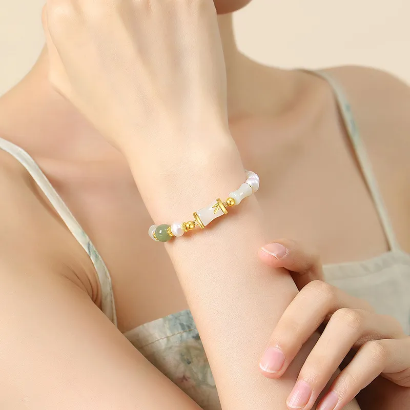 QIANCHANG Pearl Hetian Jade Bamboo Bracelet Women's-5
