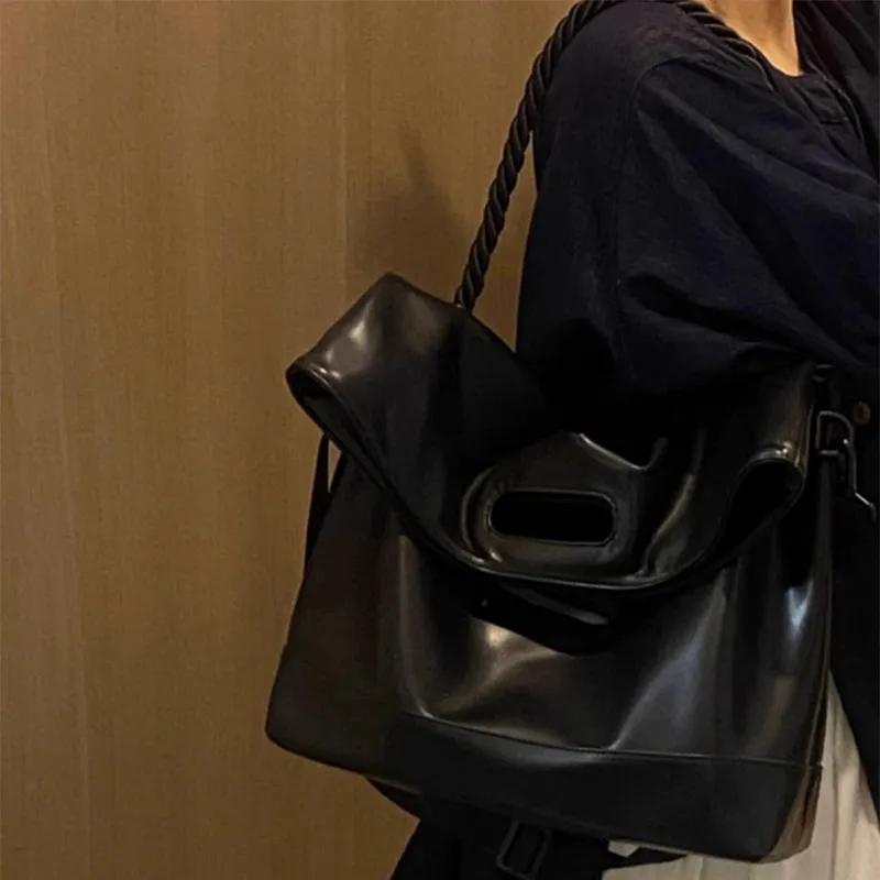 Aini Rabbit Polyester Pu Tote Shoulder Bag, Crossbody Bag Unisex Black/Leather Black/Leather Brown-4