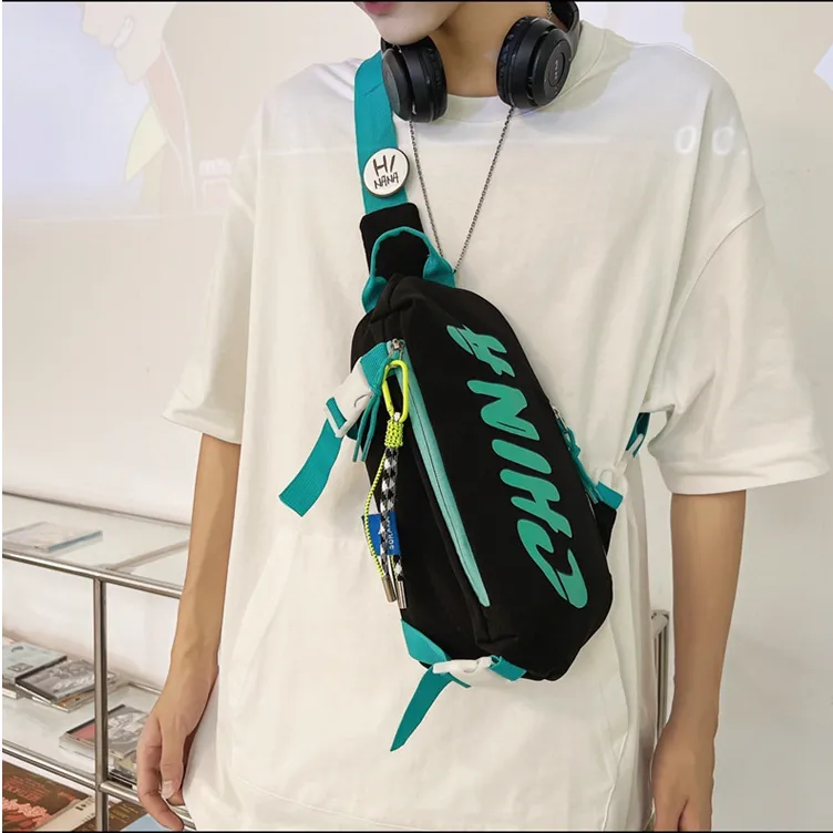 Aini Rabbit Nylon Sling Bag Medium Size Unisex Black/Green/White-3