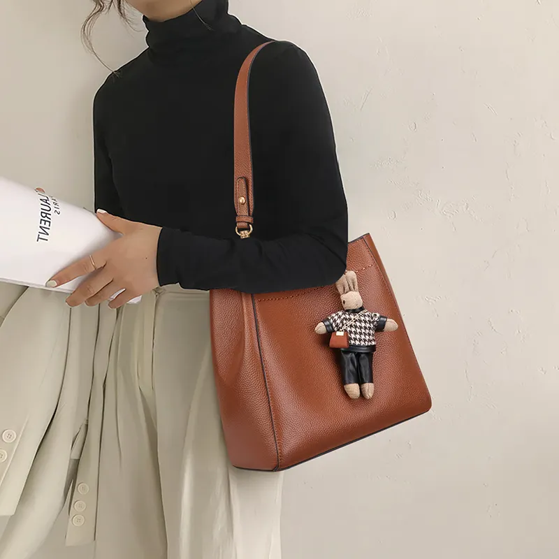 Carnival Keep Top Grain Cow Leather Bucket Bag Shoulder Bag Handheld Bag Regular Women's Camel/Black-4