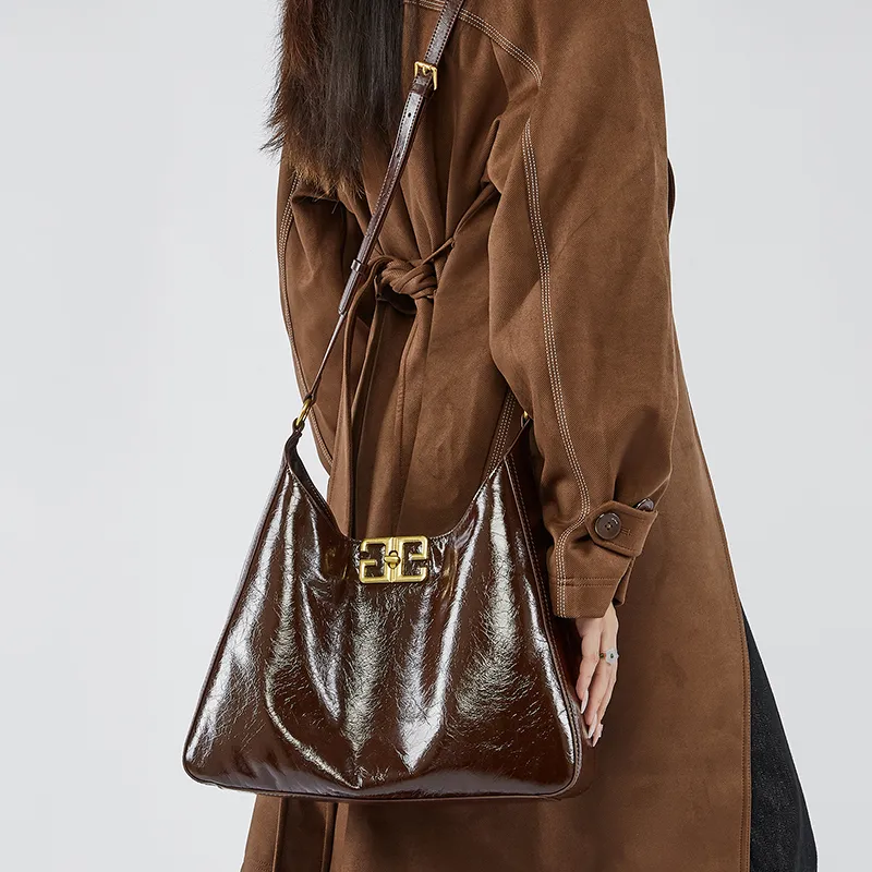 Carnival Keep Cow Leather Tote Handbag Crossbody Bag Medium Size Women's Light Coffee/Black/Burgundy-3