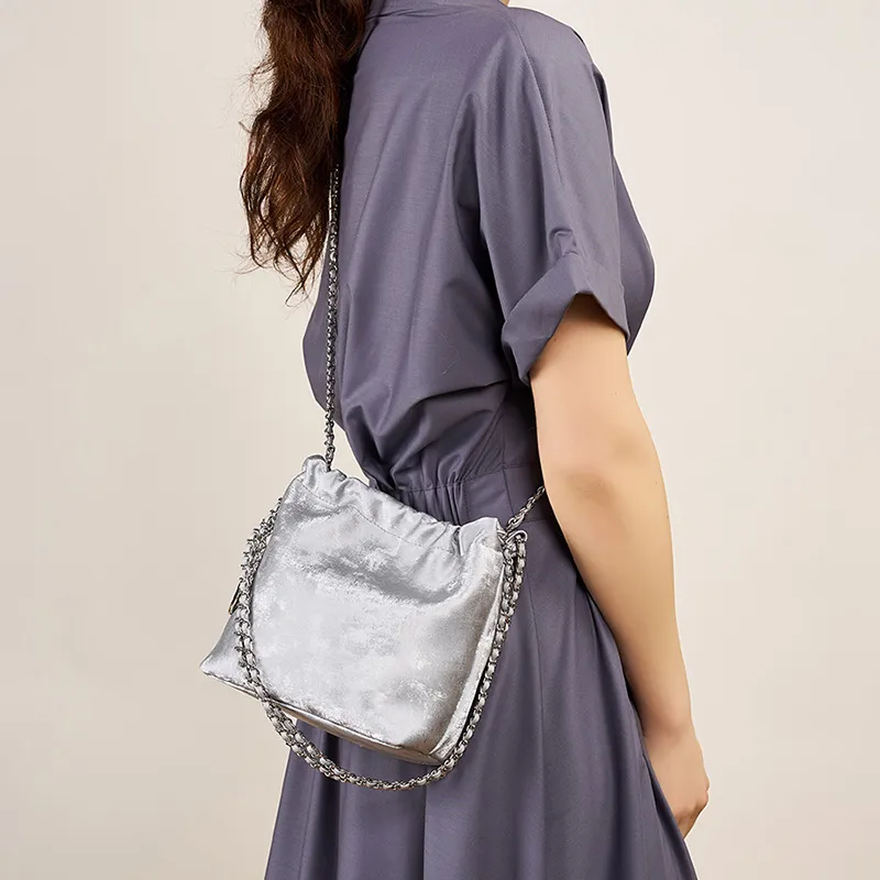 Carnival Keep Cow Leather Bucket Bag Shoulder Bag Crossbody Bag Women's Green/Pink/Silver-11