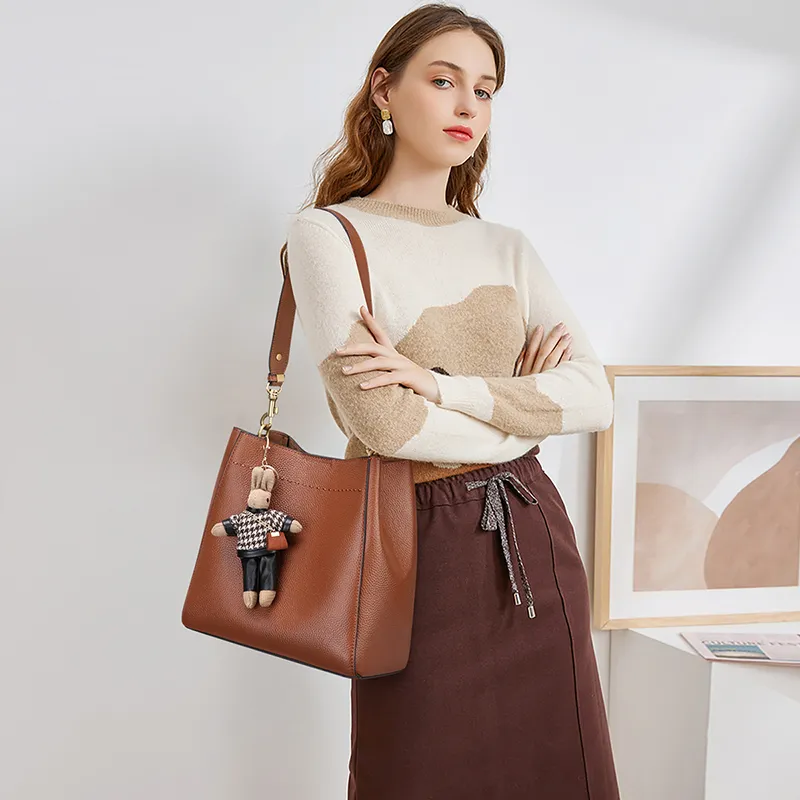 Carnival Keep Top Grain Cow Leather Bucket Bag Shoulder Bag Handheld Bag Regular Women's Camel/Black-5