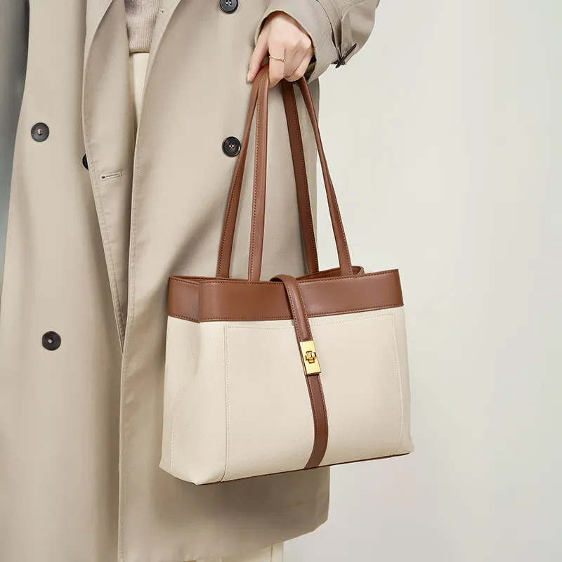 Carnival Keep Cow Leather With Synthetic Leather Tote Handbag, Shoulder Bag Regular Women's Coffee & White-4