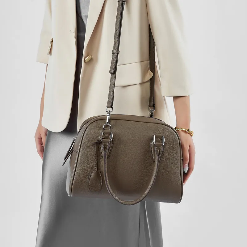 Carnival Keep Top Grain Cow Leather Bowling Bag Shoulder Bag Handbag Regular Women's Khaki/Black/Coffee-5