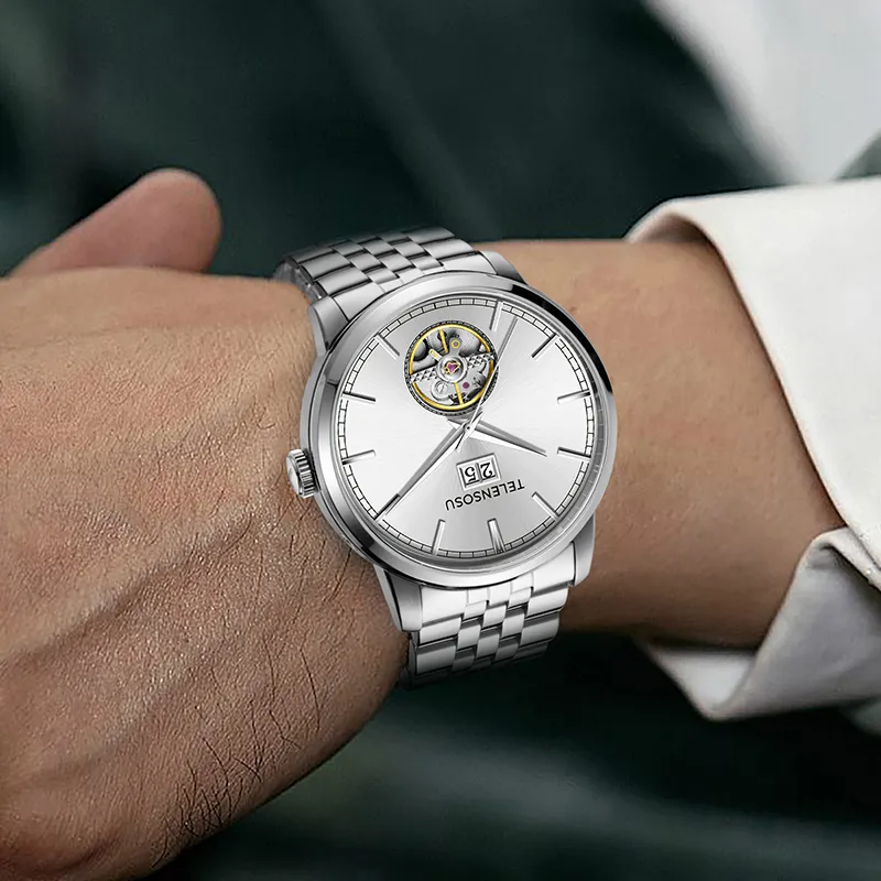 TELENSOSU Automatic Mechanical Movement Stainless Steel Watchband Watch Men's Watches Silver Dial-1