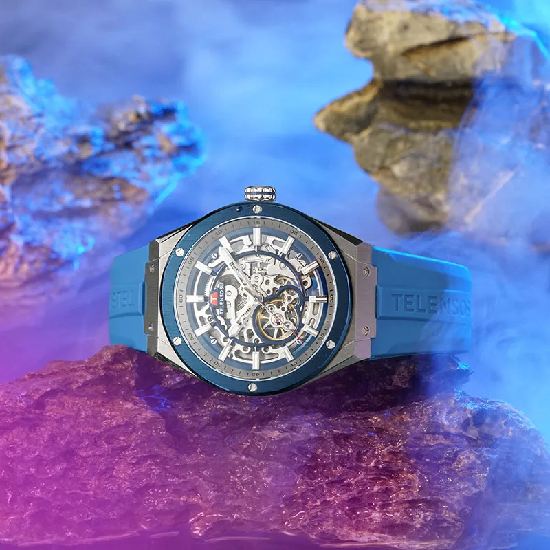TELENSOSU Yuan Universe Collection Automatic Mechanical Movement Silicone Strap Watch Men's Watches Blue Dial-7
