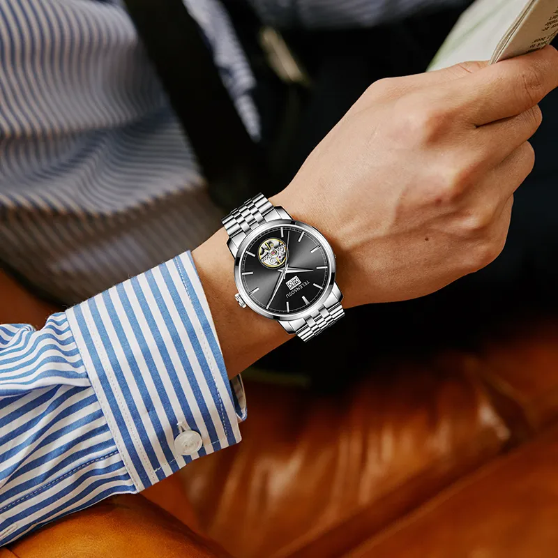 TELENSOSU Automatic Mechanical Movement Stainless Steel Watchband Watch Men's Watches Silver Dial-7