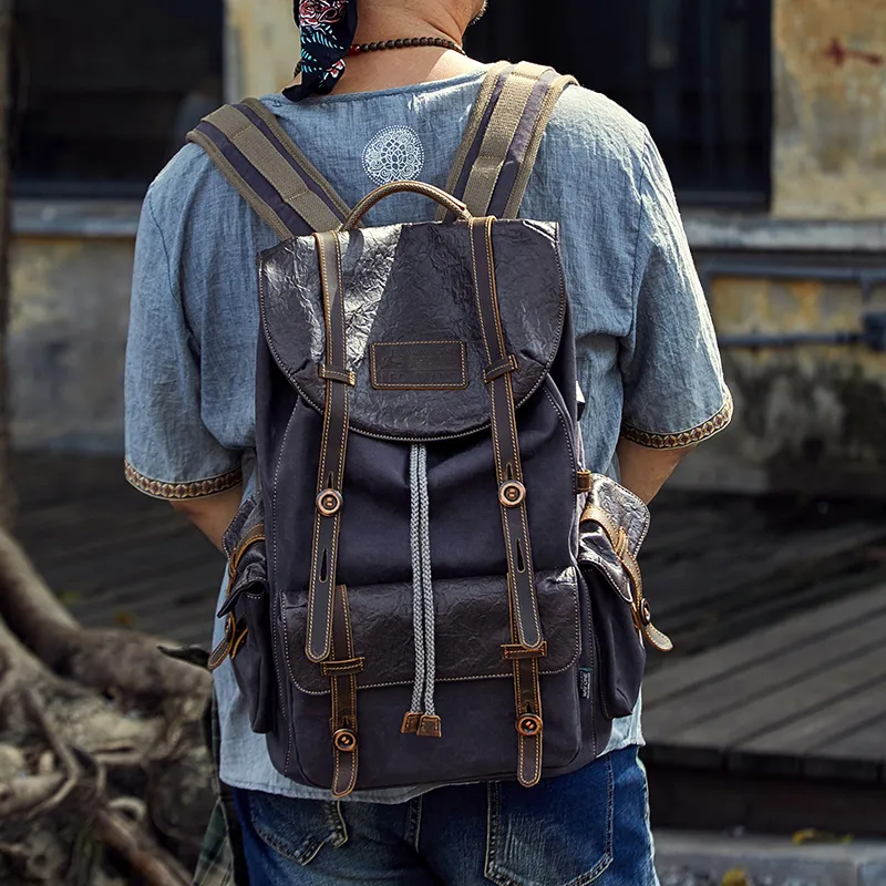 WAY ONE Canvas Backpack Unisex Dark Gray/Tan-5
