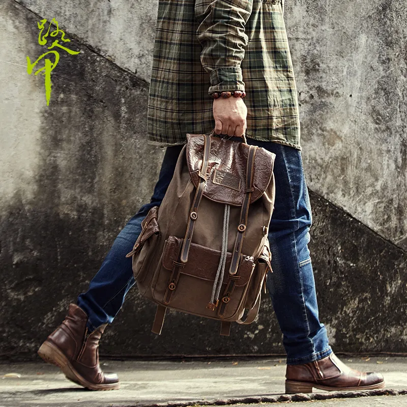 WAY ONE Canvas Backpack Unisex Dark Gray/Tan-12