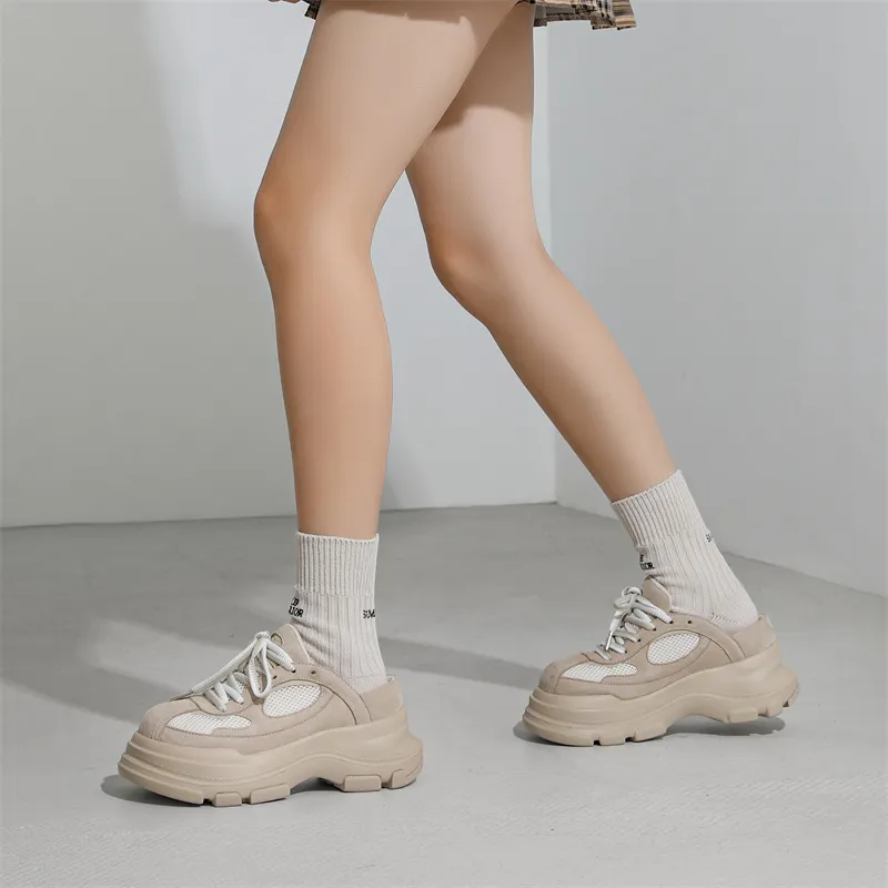 MODENGPAN Lightweight Low Top Chunky Sneakers Unisex Beige-5