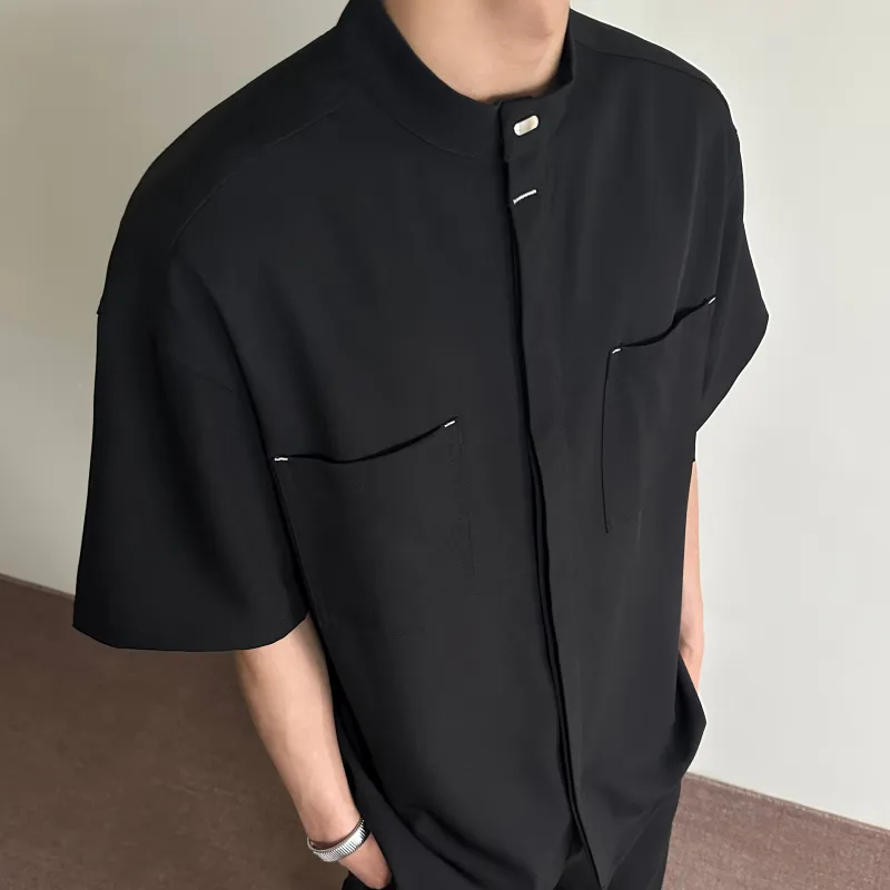 PAINT STAIN New Chinese Style Stand Collar Ice Silk Fabric Short Sleeved Shirt Unisex-20