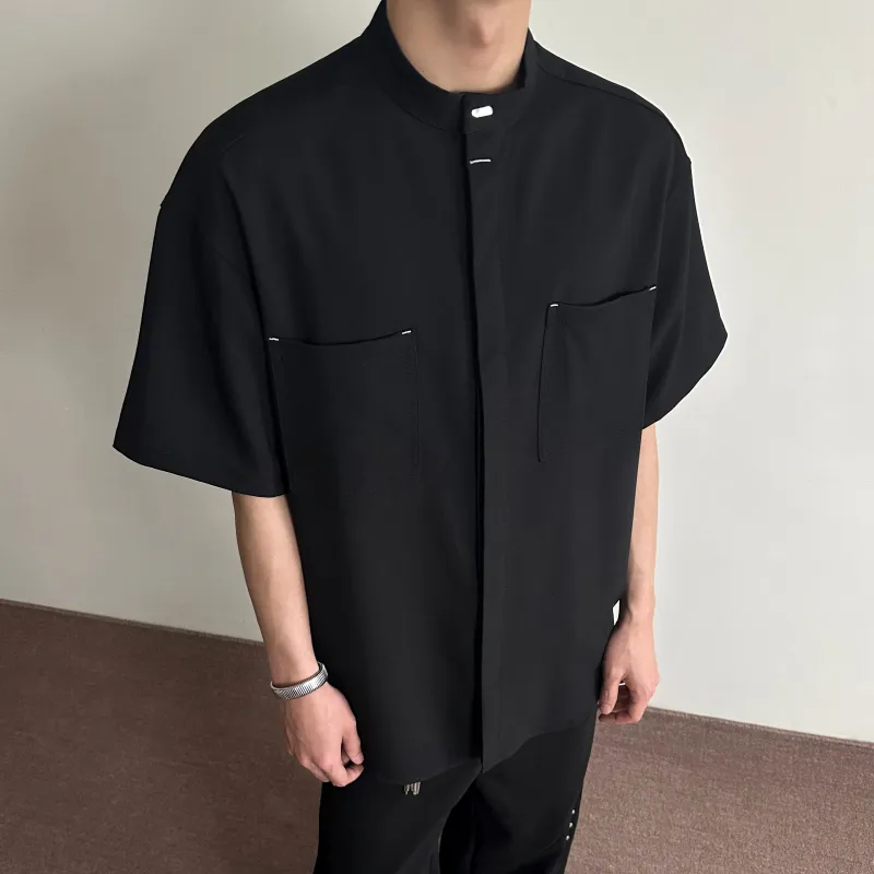 PAINT STAIN New Chinese Style Stand Collar Ice Silk Fabric Short Sleeved Shirt Unisex-19