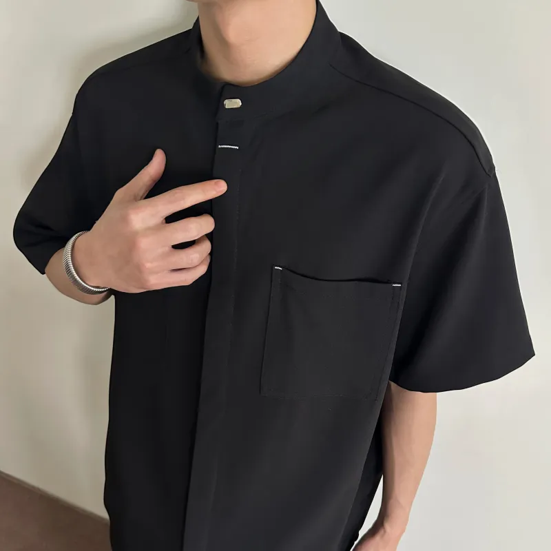 PAINT STAIN New Chinese Style Stand Collar Ice Silk Fabric Short Sleeved Shirt Unisex-21
