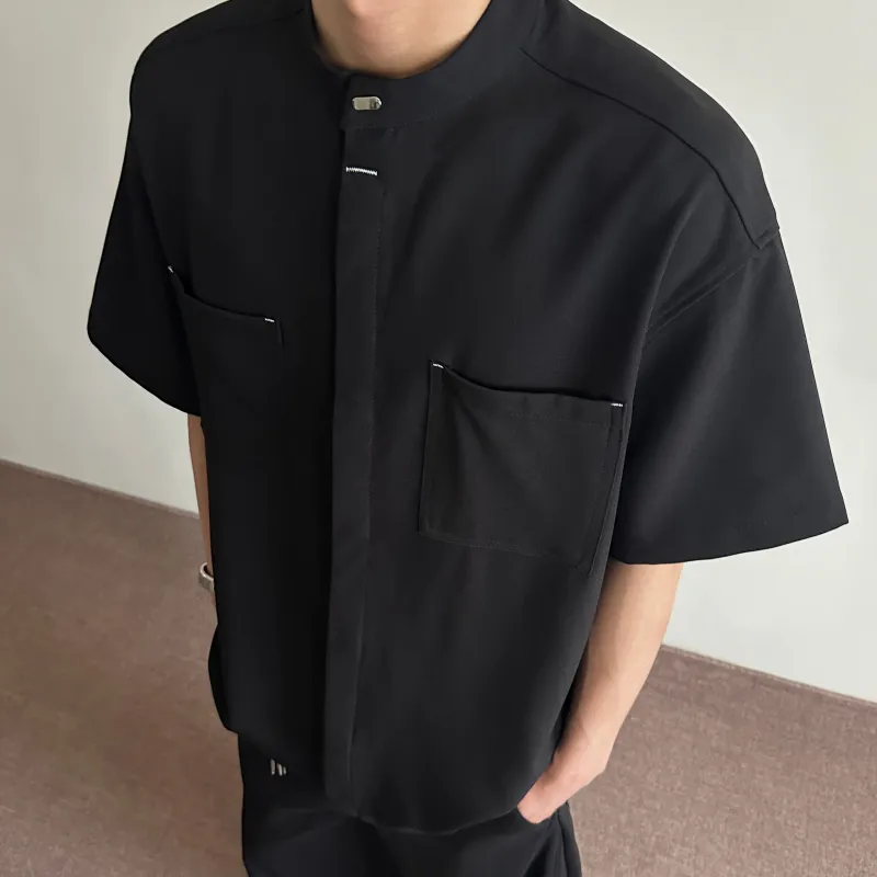 PAINT STAIN New Chinese Style Stand Collar Ice Silk Fabric Short Sleeved Shirt Unisex-23