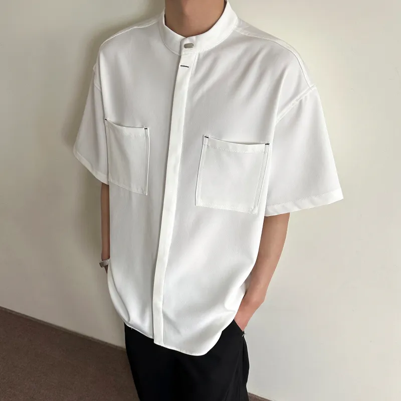 PAINT STAIN New Chinese Style Stand Collar Ice Silk Fabric Short Sleeved Shirt Unisex-9