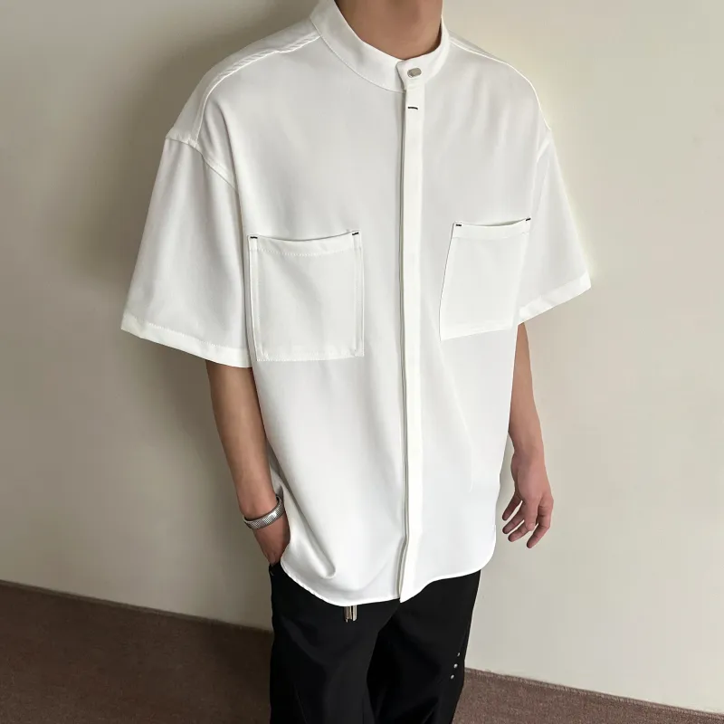 PAINT STAIN New Chinese Style Stand Collar Ice Silk Fabric Short Sleeved Shirt Unisex-10