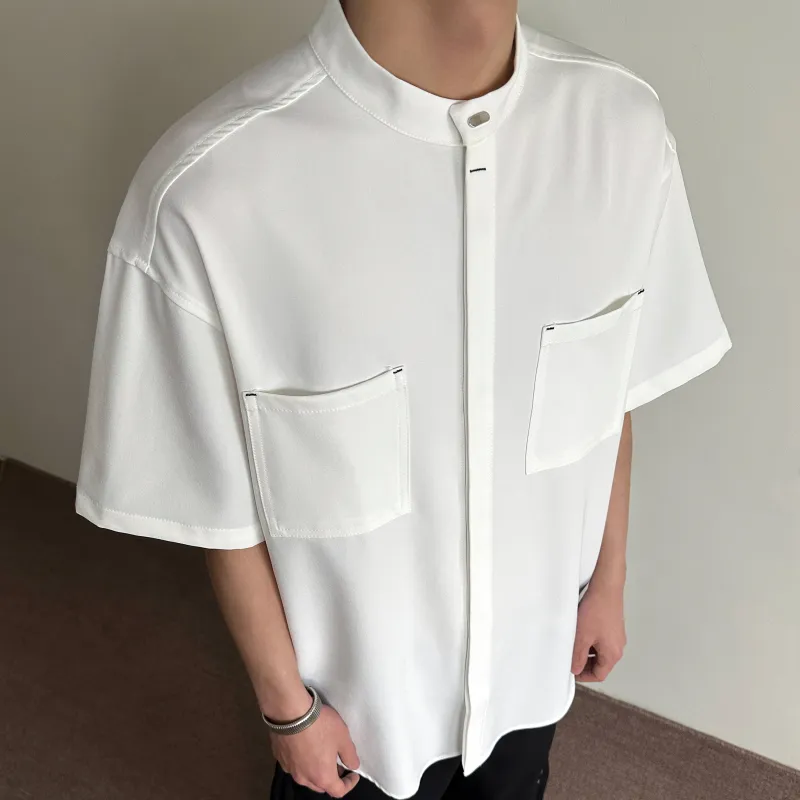PAINT STAIN New Chinese Style Stand Collar Ice Silk Fabric Short Sleeved Shirt Unisex-7